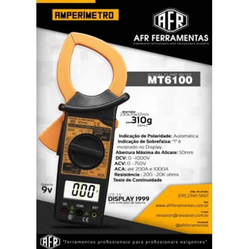ALICATE AMPERÍMETRO DIGITAL - AFR - MT6100 ALICATE AMPERÍMETRO DIGITAL - AFR - MT6100