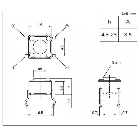 Chave Tactil 12x12x4,3mm 4 Terminais Chave Tactil 12x12x4,3mm 4 Terminais