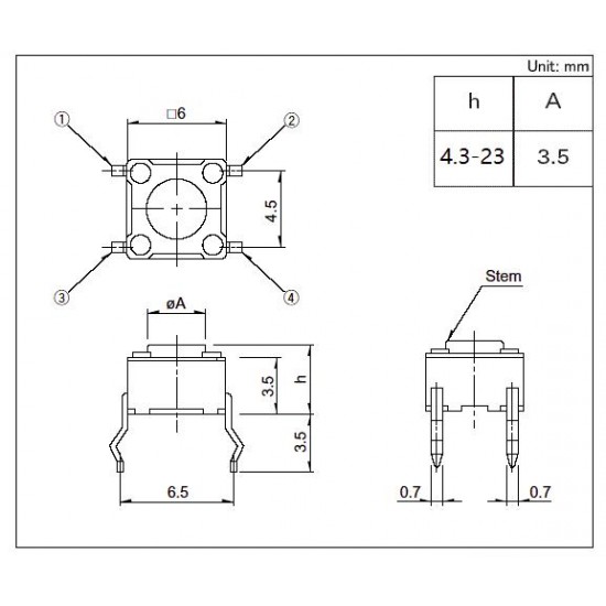 Chave Tactil 4,5x4,5x3,8mm 4 Terminais Chave Tactil 4,5x4,5x3,8mm 4 Terminais