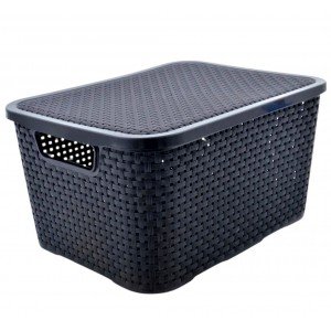 Organizador Caixa Rattan Com Tampa Preto 7L 29x19,5x15,5cm