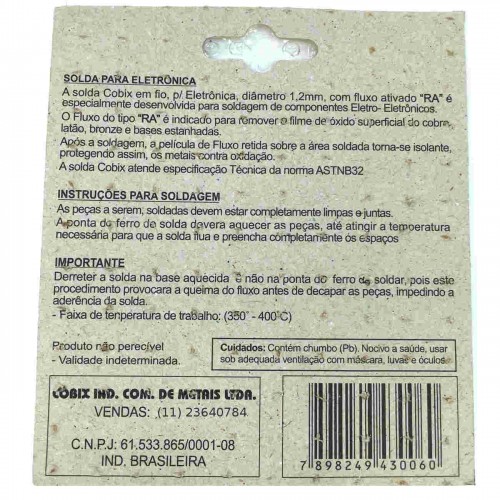 Estanho Para Solda Em Fio 1,2mm 63/37 Cartela 19gr 2m Cobix Estanho Para Solda Em Fio 1,2mm 63/37 Cartela 19gr 2m Cobix
